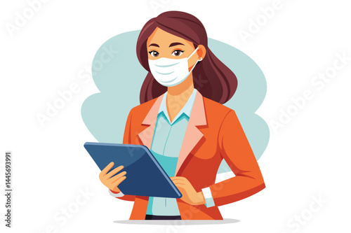 A professional woman wearing a mask holds a tablet, engaging in a healthcare consultation, demonstrating safety and technology usage in modern medical settings.