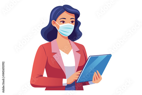 A professional woman holds a tablet while wearing a mask, reflecting a commitment to health and safety in a contemporary office environment during the pandemic.
