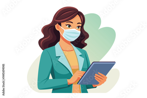 A woman in a mask engages with a tablet, appearing focused and attentive in a clean, modern environment, likely during a health-related activity.