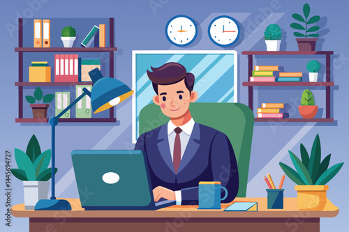A young professional sits at his desk, focused on his laptop, surrounded by green plants and organized bookshelves, creating a productive work environment.