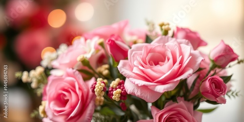 Close-up view of a delicate pink rose bouquet, featuring various blossoms and buds, softly blurred background