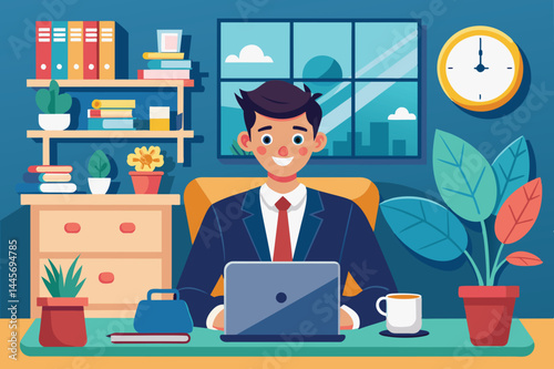 A man in a suit is focused on his laptop in a colorful home office, surrounded by plants, shelves, and a wall clock displaying the time, indicating a productive day.