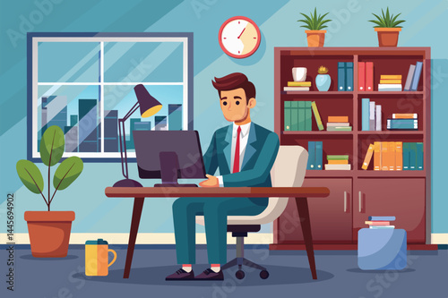 A focused young man in formal attire engages with a computer at his desk while surrounded by bookshelves and plants, providing a productive office atmosphere.