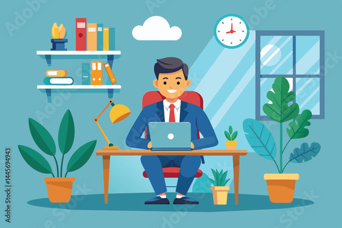 A man dressed in formal attire is focused on his laptop in a vibrant home office decorated with bookshelves, plants, and a clock.
