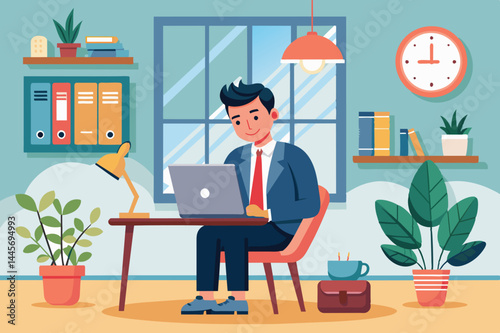 A professional man is focused on his tasks while sitting at a stylish desk in a bright home office. The room features plants, organized shelves, and a large window.