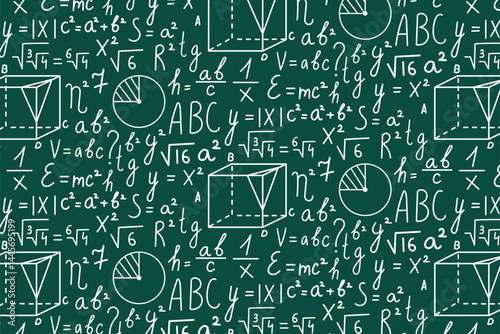 Repeating seamless pattern with math formulas and diagrams on a chalkboard-like background. Ideal for educational materials and digital products.