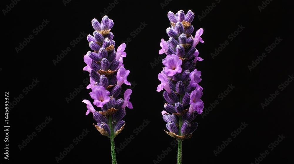 Obraz premium Lavender Black Background. Studio Shot of Two Lavender Flowers with Copy Space