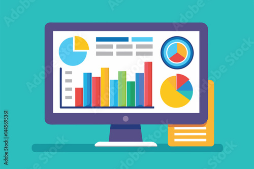 A vibrant display of charts and graphs highlights data analysis on a computer screen, emphasizing visual statistics in a contemporary office environment.