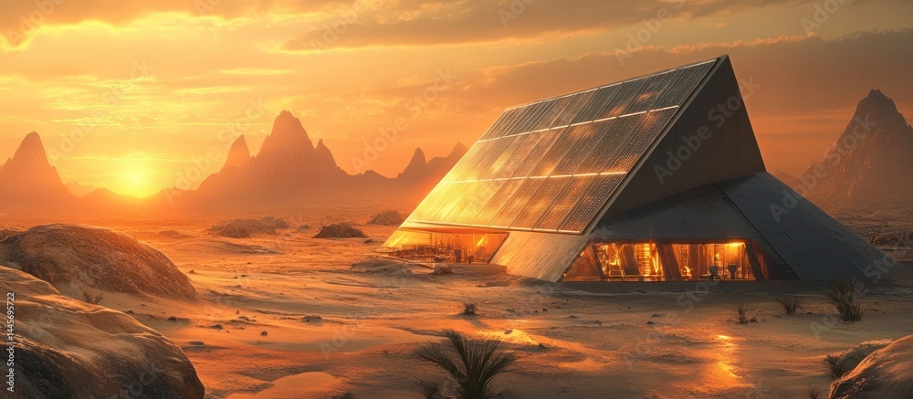 Fototapeta premium Futuristic off grid solar powered pyramid shaped dwelling nestled in a desert oasis glowing under the colorful rays of a serene sunset sky Renewable energy sustainable design