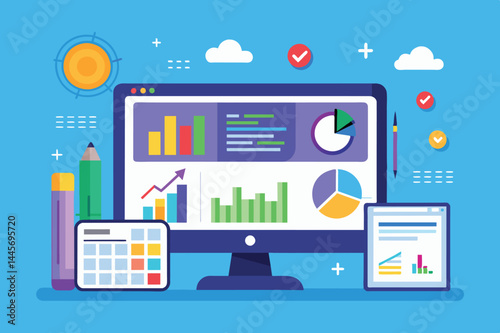 A vibrant digital workspace features a computer displaying various graphs and charts, surrounded by stationery items like pencils and a calculator, reflecting data analysis.