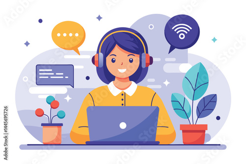A young woman with headphones smiles while working intently on her laptop in a colorful workspace adorned with vibrant plants, showcasing remote work and connectivity.