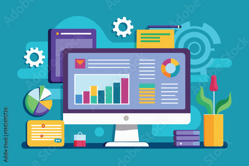 A vibrant workspace showcases a computer monitor with colorful charts, stationery items, and a potted plant, creating a productive and organized atmosphere.
