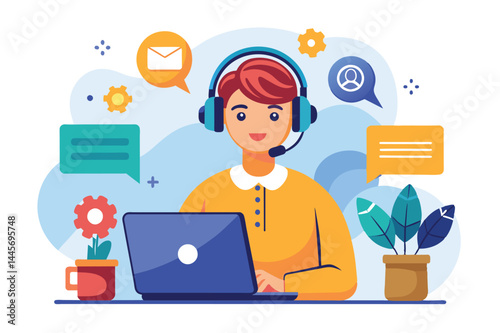 A friendly support representative is engaged with customers while using a laptop in a tidy home office, surrounded by plants and cheerful decor.
