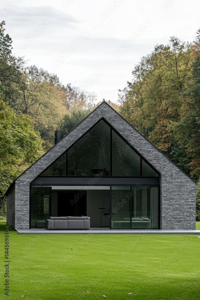 Modern architectural design with large glass elements set against a vibrant forest backdrop in a serene natural environment Modern architectural design with large glass elements set against a vibrant forest backdrop in a serene natural environment
