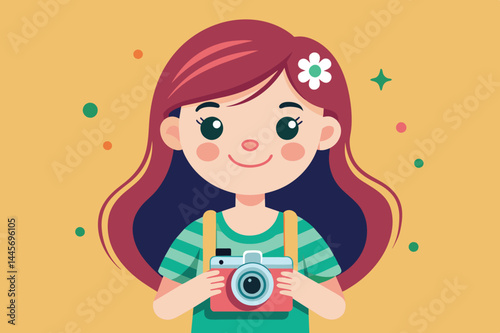 A cheerful girl with long hair and a flower in her hair holds a camera, dressed in a green-striped shirt while surrounded by colorful, playful elements.