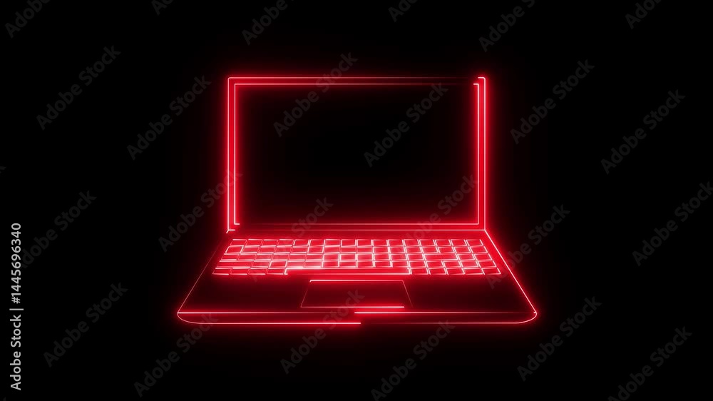 Animation of neon laptop icon on black background, digital and futuristic technology concept laptop screen digital effects laptop computer neon lights effect