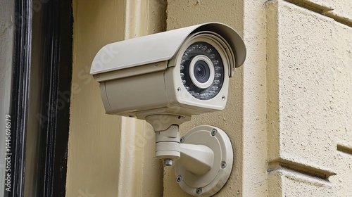security camera mounted on a building, acting as a capable guardian in the crime triangle. The image highlights surveillance as a deterrent to criminal activity. Crime triangle theory Capable 