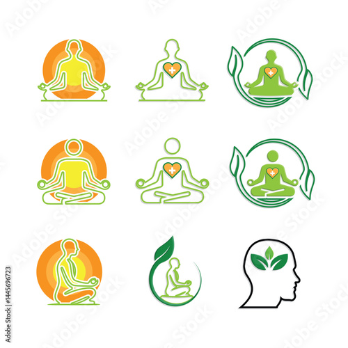 mental health icon set. symbol of mind therapy. psychology, calmness, green energy. Mixed design style. Design template vector