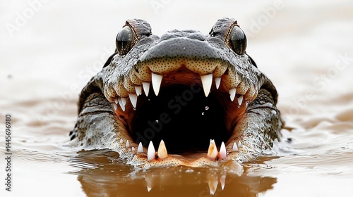 A close up photograph captures a crocodilian showing its teeth