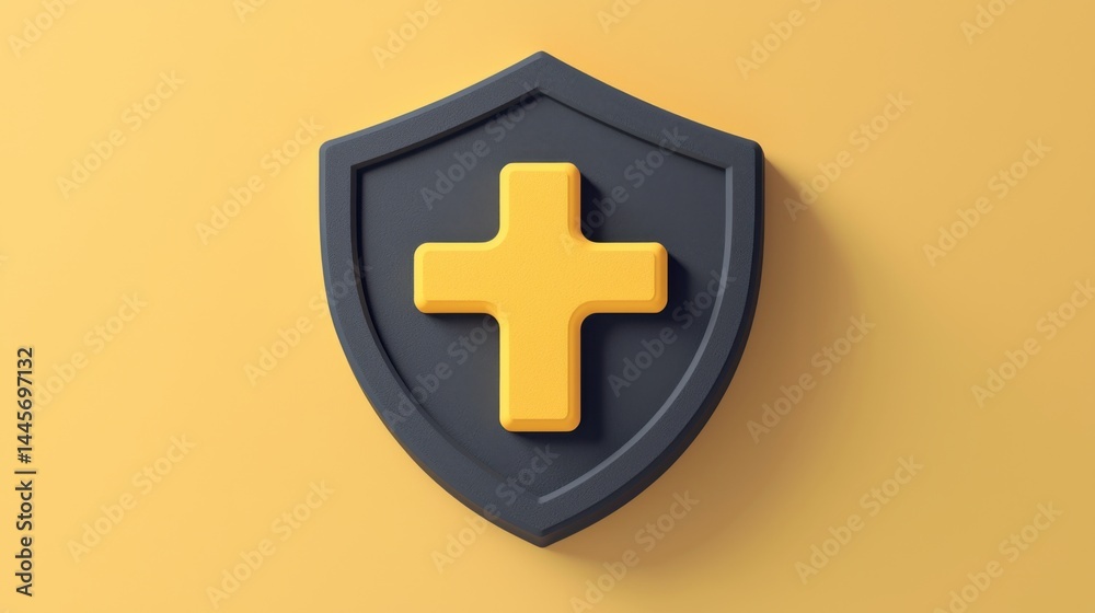 Obraz premium Modern shield emblem with a yellow cross symbol representing health safety protection and security on a muted background for healthcare, insurance, and safety themes