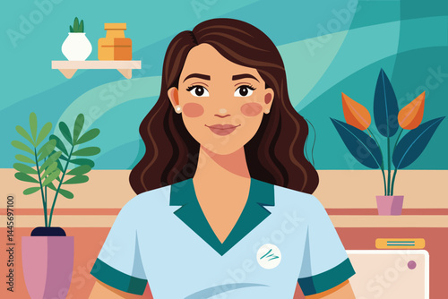 A warm healthcare professional stands in a colorful clinic, surrounded by decorative plants and shelves containing various supplies while smiling at the camera.