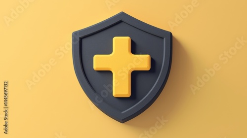 Modern shield emblem with a yellow cross symbol representing health safety protection and security on a muted background for healthcare, insurance, and safety themes