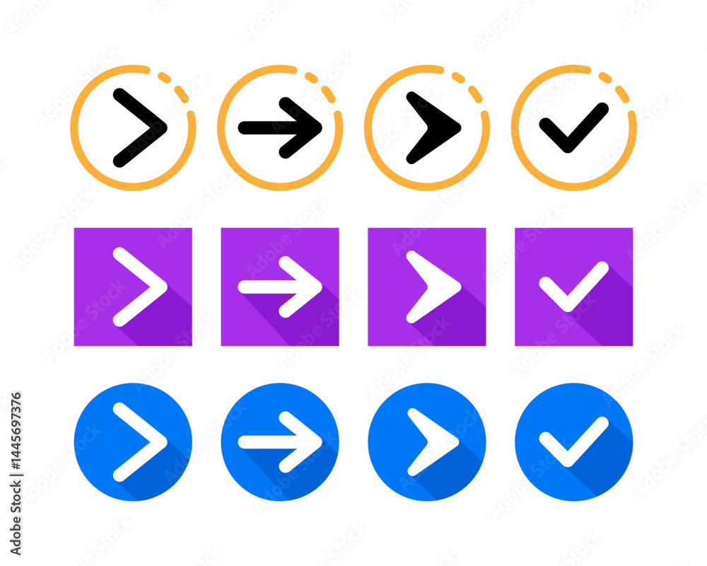 Flat Arrow Right Direction and Check Mark Icons Set – Circular, Square, and Rounded Styles Flat Arrow Right Direction and Check Mark Icons Set – Circular, Square, and Rounded Styles