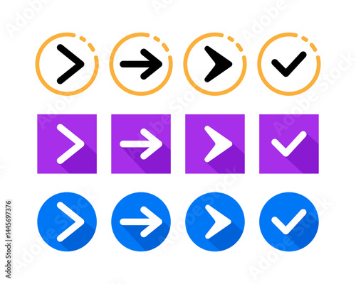 Flat Arrow Right Direction and Check Mark Icons Set – Circular, Square, and Rounded Styles