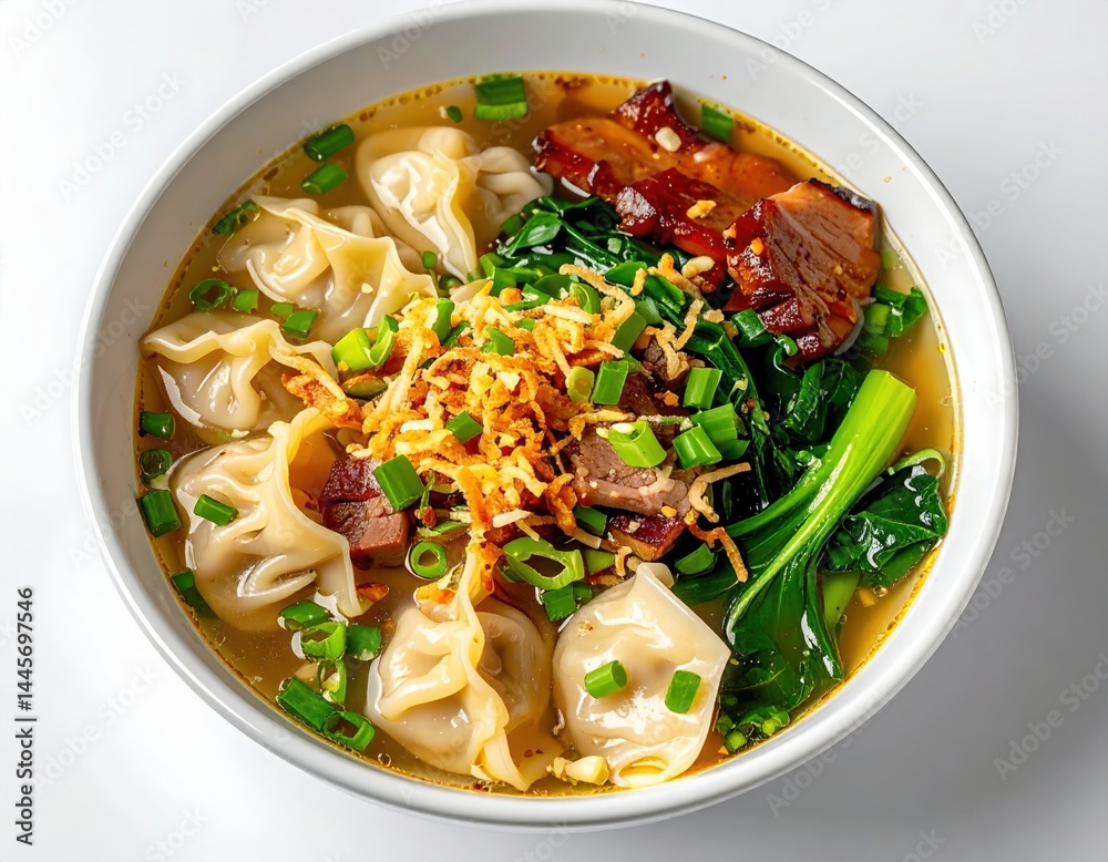Delicious Asian Noodle Soup with Dumplings and Pork Delicious Asian Noodle Soup with Dumplings and Pork