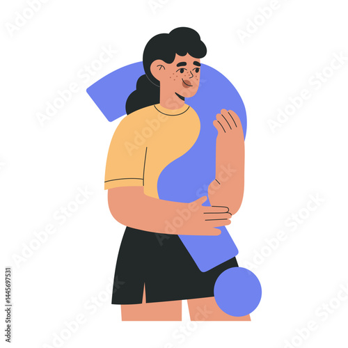Woman holding huge question mark, metaphor for critical thinking, doubt, learning, and personal growth. Self-reflection and search for answers vector illustration in flat style, isolated background 