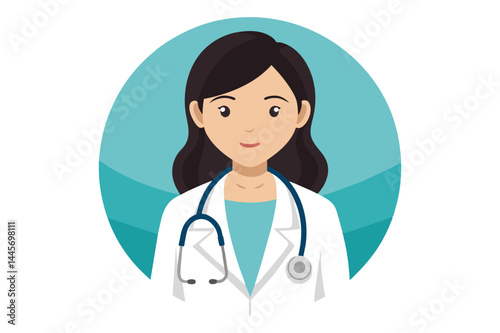 A friendly doctor in a white coat smiles confidently while wearing a stethoscope, set against a soft teal background, symbolizing health and care.