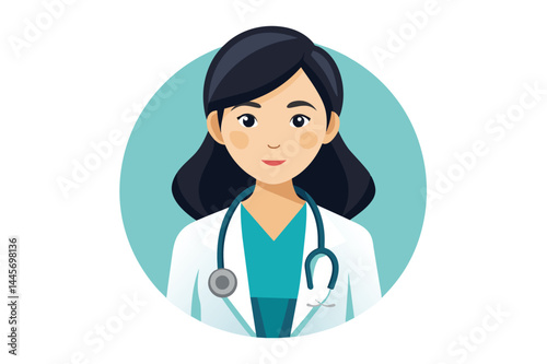 A healthcare professional stands confidently, dressed in a white coat and blue scrubs, wearing a stethoscope around her neck with a friendly expression.