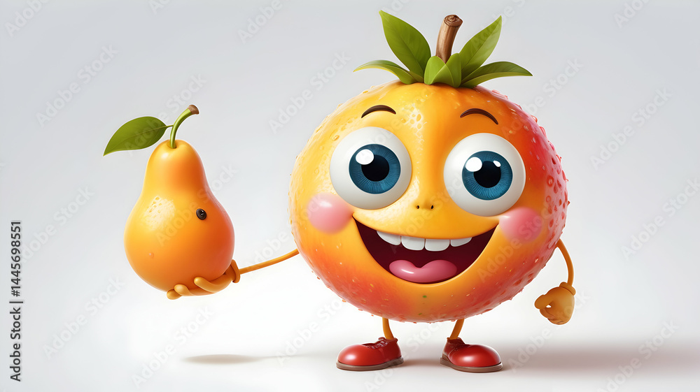 Adorable High-Quality Anthropomorphic Fruit Character with Big Smile, Expressive Eyes, Soft Textures, Playful Pose, and Cute Accessories on Clean White Background Adorable High-Quality Anthropomorphic Fruit Character with Big Smile, Expressive Eyes, Soft Textures, Playful Pose, and Cute Accessories on Clean White Background