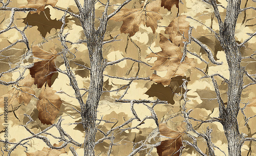 Real-tree camouflage pattern with brown leaves and branches, seamless repeating pattern, high resolution, high detail, high definition