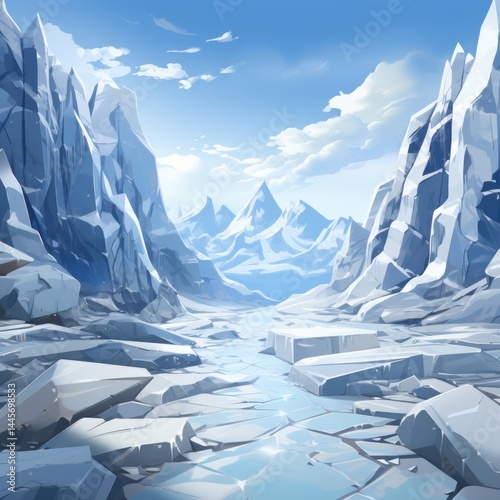 Breathtaking icy mountain valley with towe snow-covered peaks jagged rocks frozen river and clear blue sky creating a stunning arctic landscape scene