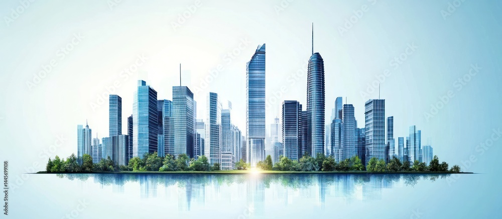 Fototapeta premium Futuristic city skyline with modern high rise skyscrapers glass towers and steel structures reflecting on the calm water at sunrise or sunset Concept of urban development financial growth