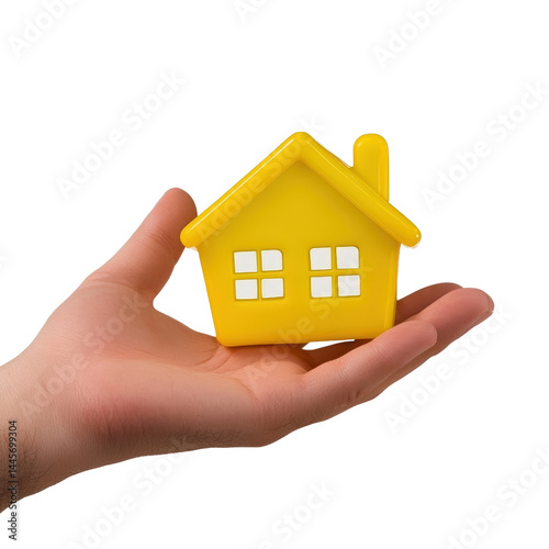 Bright yellow miniature house model held in hand with white background for real estate, home ownership, property, housing, architecture, and mortgage concepts