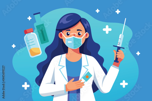 A healthcare professional in a white coat and mask stands confidently, holding a syringe and vaccine vial, emphasizing the importance of vaccinations in health care.