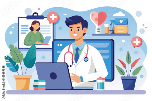 A healthcare professional in a white coat engages in a telehealth consultation at a desk surrounded by plants, medical supplies, and digital elements.