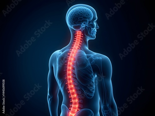 Detailed anatomical illustration showcasing the human spine, highlighting its intricate structure and the complex network of nerves and vertebrae. A medical visualization. photo