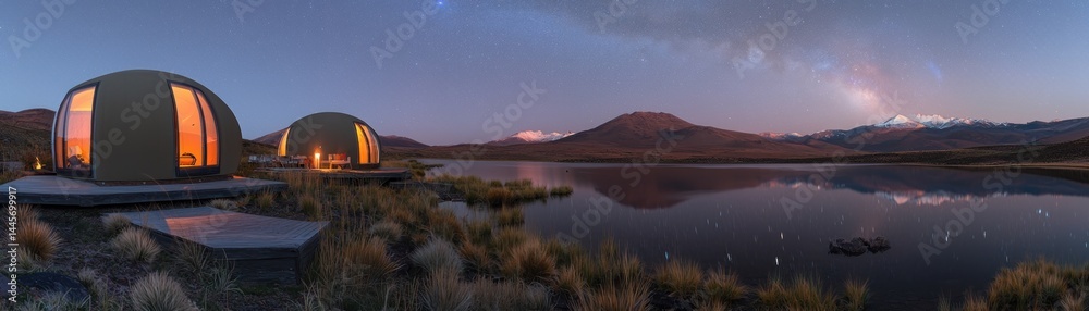 Obraz premium Modern cabins beside lake reflecting starry night sky mountain