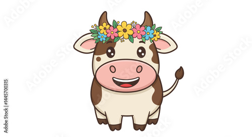 A Cheerful Cartoon Cow Wearing A Colorful Flower Crown Presented As Vector Illustration On White