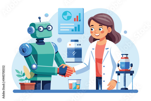 In a contemporary laboratory, a scientist wearing a lab coat is smiling and shaking hands with a cheerful robot, symbolizing collaboration in technology and research.