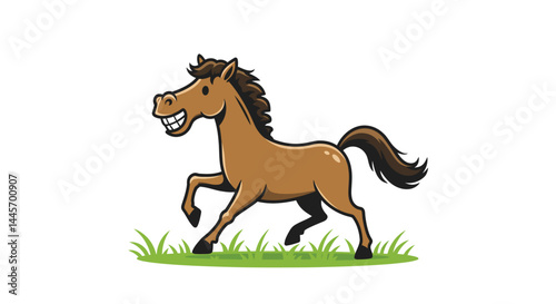Cartoon Horse With A Cheerful Expression Running Playfully Across A Patch Of Bright Green Grass