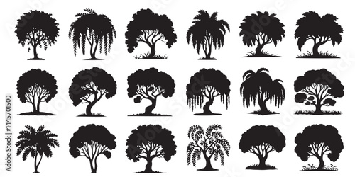 black vector various willow tree silhouettes	
