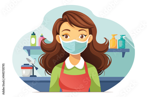 A woman in a green shirt and red apron, wearing a mask, stands in a salon surrounded by various hair care products, maintaining safety during her work.