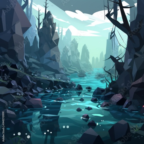 Serene mountain river landscape with rocky cliffs tall trees and clear flowing water amidst a tranquil wilderness scene du daytime