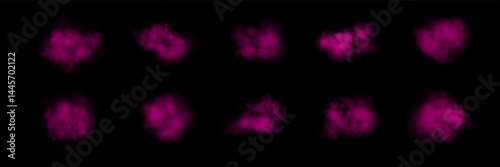 Set of realistic pink smokes or haze on a black background. Magic fog, vapor. Vector illustration
