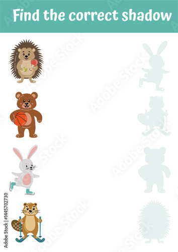 Educational games, learning worksheet for kids. Preschool kindergarten educational page for children. Learning, early development game. Find the correct shadows, logical activities for kids.