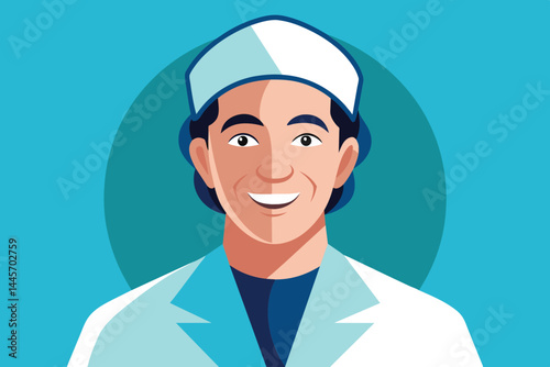 This cheerful healthcare professional is smiling warmly while wearing a white coat and cap, set against a vibrant blue backdrop that highlights their friendly, approachable nature.